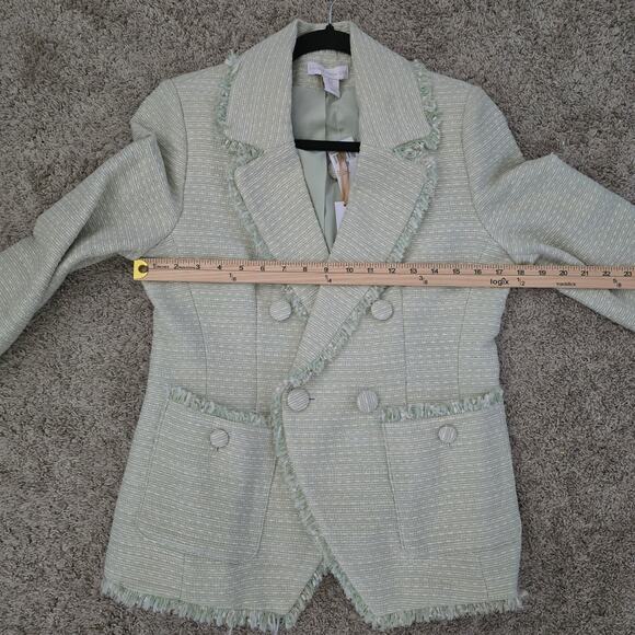 House of Harlow 1960 Tweed Fringe Blazer Green S Double Breasted Chic Old Money - Picture 3 of 10